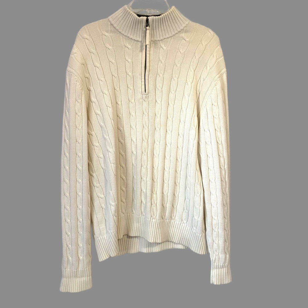 Cremieux Cable Knit Sweater Mens Large Cream White Excellent Quarter-Zip Cotton